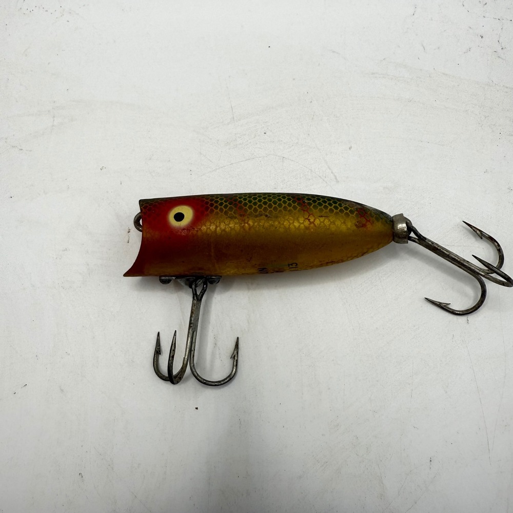 Vintage Heddon Baby Lucky 13 Fishing Lure Yellow Shore Minnow Wood Popper 2.5in